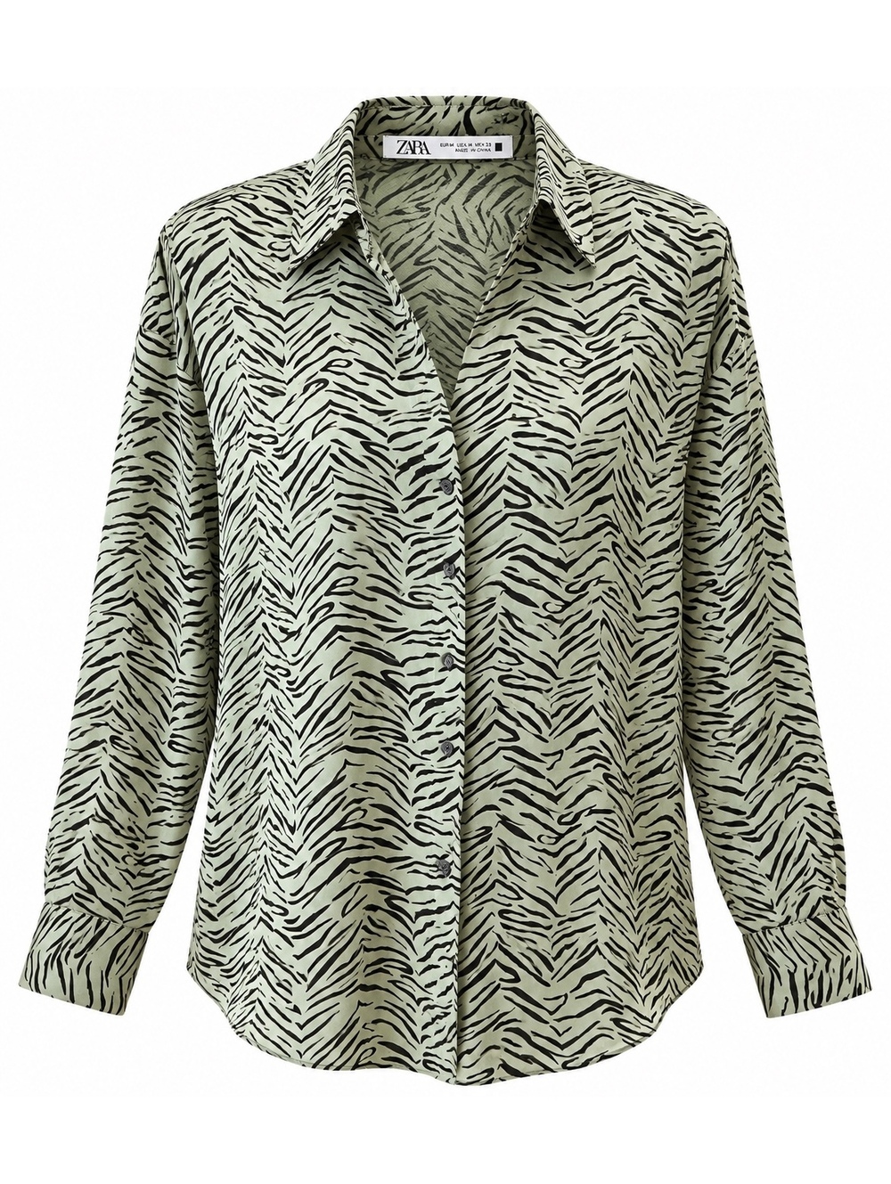 Zara Women’s M Green Black Zebra Print Satin Button Down Blouse Animal Print